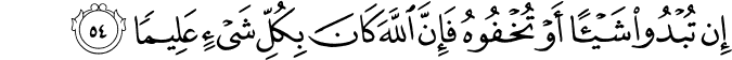 إِن تُبْدُوا شَيْئًا أَوْ تُخْفُوهُ فَإِنَّ اللَّهَ كَانَ بِكُلِّ شَيْءٍ عَلِيمًا