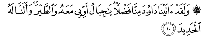 وَلَقَدْ آتَيْنَا دَاوُودَ مِنَّا فَضْلًا ۖ يَا جِبَالُ أَوِّبِي مَعَهُ وَالطَّيْرَ ۖ وَأَلَنَّا لَهُ الْحَدِيدَ