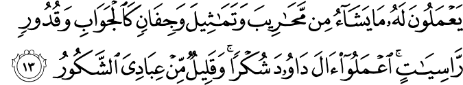 يَعْمَلُونَ لَهُ مَا يَشَاءُ مِن مَّحَارِيبَ وَتَمَاثِيلَ وَجِفَانٍ كَالْجَوَابِ وَقُدُورٍ رَّاسِيَاتٍ ۚ اعْمَلُوا آلَ دَاوُودَ شُكْرًا ۚ وَقَلِيلٌ مِّنْ عِبَادِيَ الشَّكُورُ