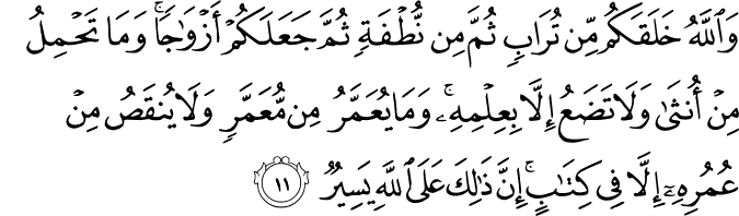 وَاللَّهُ خَلَقَكُم مِّن تُرَابٍ ثُمَّ مِن نُّطْفَةٍ ثُمَّ جَعَلَكُمْ أَزْوَاجًا ۚ وَمَا تَحْمِلُ مِنْ أُنثَىٰ وَلَا تَضَعُ إِلَّا بِعِلْمِهِ ۚ وَمَا يُعَمَّرُ مِن مُّعَمَّرٍ وَلَا يُنقَصُ مِنْ عُمُرِهِ إِلَّا فِي كِتَابٍ ۚ إِنَّ ذَٰلِكَ عَلَى اللَّهِ يَسِيرٌ