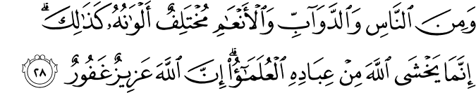 وَمِنَ النَّاسِ وَالدَّوَابِّ وَالْأَنْعَامِ مُخْتَلِفٌ أَلْوَانُهُ كَذَٰلِكَ ۗ إِنَّمَا يَخْشَى اللَّهَ مِنْ عِبَادِهِ الْعُلَمَاءُ ۗ إِنَّ اللَّهَ عَزِيزٌ غَفُورٌ