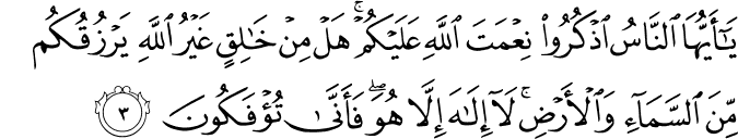 يَا أَيُّهَا النَّاسُ اذْكُرُوا نِعْمَتَ اللَّهِ عَلَيْكُمْ ۚ هَلْ مِنْ خَالِقٍ غَيْرُ اللَّهِ يَرْزُقُكُم مِّنَ السَّمَاءِ وَالْأَرْضِ ۚ لَا إِلَـٰهَ إِلَّا هُوَ ۖ فَأَنَّىٰ تُؤْفَكُونَ