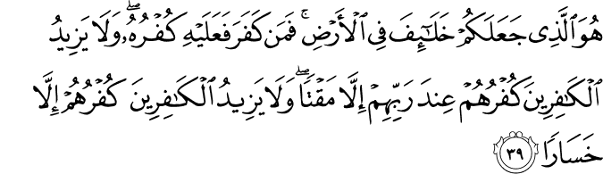 هُوَ الَّذِي جَعَلَكُمْ خَلَائِفَ فِي الْأَرْضِ ۚ فَمَن كَفَرَ فَعَلَيْهِ كُفْرُهُ ۖ وَلَا يَزِيدُ الْكَافِرِينَ كُفْرُهُمْ عِندَ رَبِّهِمْ إِلَّا مَقْتًا ۖ وَلَا يَزِيدُ الْكَافِرِينَ كُفْرُهُمْ إِلَّا خَسَارًا