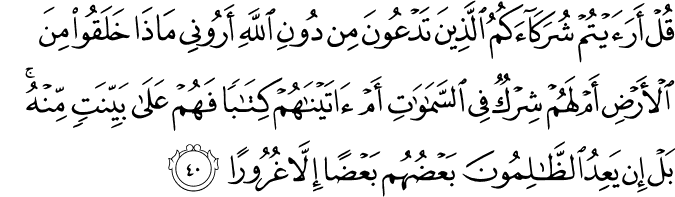 قُلْ أَرَأَيْتُمْ شُرَكَاءَكُمُ الَّذِينَ تَدْعُونَ مِن دُونِ اللَّهِ أَرُونِي مَاذَا خَلَقُوا مِنَ الْأَرْضِ أَمْ لَهُمْ شِرْكٌ فِي السَّمَاوَاتِ أَمْ آتَيْنَاهُمْ كِتَابًا فَهُمْ عَلَىٰ بَيِّنَتٍ مِّنْهُ ۚ بَلْ إِن يَعِدُ الظَّالِمُونَ بَعْضُهُم بَعْضًا إِلَّا غُرُورًا