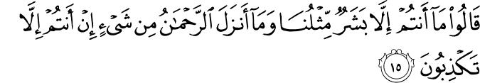 قَالُوا مَا أَنتُمْ إِلَّا بَشَرٌ مِّثْلُنَا وَمَا أَنزَلَ الرَّحْمَـٰنُ مِن شَيْءٍ إِنْ أَنتُمْ إِلَّا تَكْذِبُونَ قَالُوا مَا أَنتُمْ إِلَّا بَشَرٌ مِّثْلُنَا وَمَا أَنزَلَ الرَّحْمَـٰنُ مِن شَيْءٍ إِنْ أَنتُمْ إِلَّا تَكْذِبُونَ