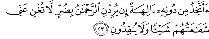 أَأَتَّخِذُ مِن دُونِهِ آلِهَةً إِن يُرِدْنِ الرَّحْمَـٰنُ بِضُرٍّ لَّا تُغْنِ عَنِّي شَفَاعَتُهُمْ شَيْئًا وَلَا يُنقِذُونِ أَأَتَّخِذُ مِن دُونِهِ آلِهَةً إِن يُرِدْنِ الرَّحْمَـٰنُ بِضُرٍّ لَّا تُغْنِ عَنِّي شَفَاعَتُهُمْ شَيْئًا وَلَا يُنقِذُونِ
