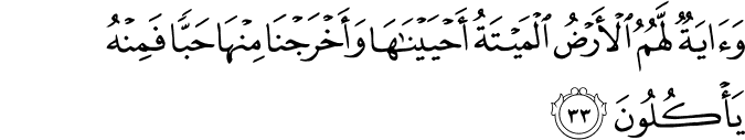 وَآيَةٌ لَّهُمُ الْأَرْضُ الْمَيْتَةُ أَحْيَيْنَاهَا وَأَخْرَجْنَا مِنْهَا حَبًّا فَمِنْهُ يَأْكُلُونَ وَآيَةٌ لَّهُمُ الْأَرْضُ الْمَيْتَةُ أَحْيَيْنَاهَا وَأَخْرَجْنَا مِنْهَا حَبًّا فَمِنْهُ يَأْكُلُونَ
