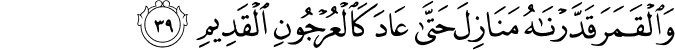 وَالْقَمَرَ قَدَّرْنَاهُ مَنَازِلَ حَتَّىٰ عَادَ كَالْعُرْجُونِ الْقَدِيمِ وَالْقَمَرَ قَدَّرْنَاهُ مَنَازِلَ حَتَّىٰ عَادَ كَالْعُرْجُونِ الْقَدِيمِ
