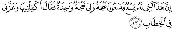 إِنَّ هَـٰذَا أَخِي لَهُ تِسْعٌ وَتِسْعُونَ نَعْجَةً وَلِيَ نَعْجَةٌ وَاحِدَةٌ فَقَالَ أَكْفِلْنِيهَا وَعَزَّنِي فِي الْخِطَابِ