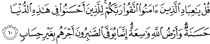 قُلْ يَا عِبَادِ الَّذِينَ آمَنُوا اتَّقُوا رَبَّكُمْ ۚ لِلَّذِينَ أَحْسَنُوا فِي هَـٰذِهِ الدُّنْيَا حَسَنَةٌ ۗ وَأَرْضُ اللَّهِ وَاسِعَةٌ ۗ إِنَّمَا يُوَفَّى الصَّابِرُونَ أَجْرَهُم بِغَيْرِ حِسَابٍ
