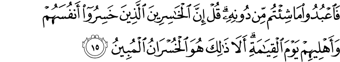 فَاعْبُدُوا مَا شِئْتُم مِّن دُونِهِ ۗ قُلْ إِنَّ الْخَاسِرِينَ الَّذِينَ خَسِرُوا أَنفُسَهُمْ وَأَهْلِيهِمْ يَوْمَ الْقِيَامَةِ ۗ أَلَا ذَٰلِكَ هُوَ الْخُسْرَانُ الْمُبِينُ