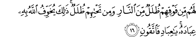 لَهُم مِّن فَوْقِهِمْ ظُلَلٌ مِّنَ النَّارِ وَمِن تَحْتِهِمْ ظُلَلٌ ۚ ذَٰلِكَ يُخَوِّفُ اللَّهُ بِهِ عِبَادَهُ ۚ يَا عِبَادِ فَاتَّقُونِ