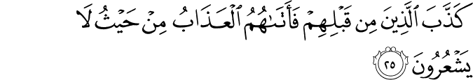 كَذَّبَ الَّذِينَ مِن قَبْلِهِمْ فَأَتَاهُمُ الْعَذَابُ مِنْ حَيْثُ لَا يَشْعُرُونَ