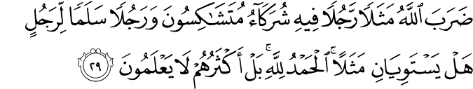 ضَرَبَ اللَّهُ مَثَلًا رَّجُلًا فِيهِ شُرَكَاءُ مُتَشَاكِسُونَ وَرَجُلًا سَلَمًا لِّرَجُلٍ هَلْ يَسْتَوِيَانِ مَثَلًا ۚ الْحَمْدُ لِلَّهِ ۚ بَلْ أَكْثَرُهُمْ لَا يَعْلَمُونَ
