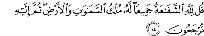 قُل لِّلَّهِ الشَّفَاعَةُ جَمِيعًا ۖ لَّهُ مُلْكُ السَّمَاوَاتِ وَالْأَرْضِ ۖ ثُمَّ إِلَيْهِ تُرْجَعُونَ
