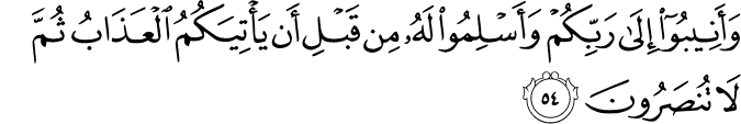 وَأَنِيبُوا إِلَىٰ رَبِّكُمْ وَأَسْلِمُوا لَهُ مِن قَبْلِ أَن يَأْتِيَكُمُ الْعَذَابُ ثُمَّ لَا تُنصَرُونَ