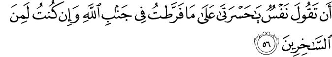 أَن تَقُولَ نَفْسٌ يَا حَسْرَتَىٰ عَلَىٰ مَا فَرَّطتُ فِي جَنبِ اللَّهِ وَإِن كُنتُ لَمِنَ السَّاخِرِينَ