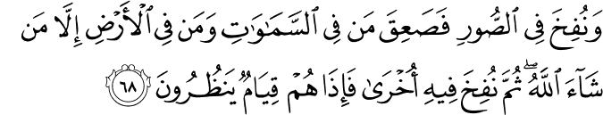 وَنُفِخَ فِي الصُّورِ فَصَعِقَ مَن فِي السَّمَاوَاتِ وَمَن فِي الْأَرْضِ إِلَّا مَن شَاءَ اللَّهُ ۖ ثُمَّ نُفِخَ فِيهِ أُخْرَىٰ فَإِذَا هُمْ قِيَامٌ يَنظُرُونَ