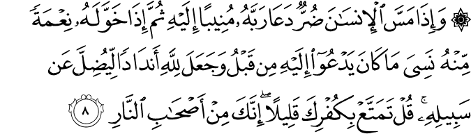 وَإِذَا مَسَّ الْإِنسَانَ ضُرٌّ دَعَا رَبَّهُ مُنِيبًا إِلَيْهِ ثُمَّ إِذَا خَوَّلَهُ نِعْمَةً مِّنْهُ نَسِيَ مَا كَانَ يَدْعُو إِلَيْهِ مِن قَبْلُ وَجَعَلَ لِلَّهِ أَندَادًا لِّيُضِلَّ عَن سَبِيلِهِ ۚ قُلْ تَمَتَّعْ بِكُفْرِكَ قَلِيلًا ۖ إِنَّكَ مِنْ أَصْحَابِ النَّارِ
