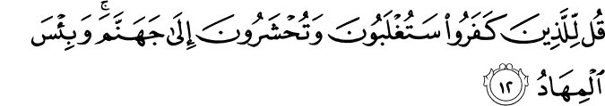 قُل لِّلَّذِينَ كَفَرُوا سَتُغْلَبُونَ وَتُحْشَرُونَ إِلَىٰ جَهَنَّمَ ۚ وَبِئْسَ الْمِهَادُ