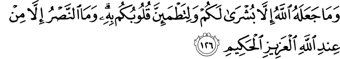 وَمَا جَعَلَهُ اللَّهُ إِلَّا بُشْرَىٰ لَكُمْ وَلِتَطْمَئِنَّ قُلُوبُكُم بِهِ ۗ وَمَا النَّصْرُ إِلَّا مِنْ عِندِ اللَّهِ الْعَزِيزِ الْحَكِيمِ