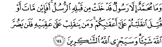 وَمَا مُحَمَّدٌ إِلَّا رَسُولٌ قَدْ خَلَتْ مِن قَبْلِهِ الرُّسُلُ ۚ أَفَإِن مَّاتَ أَوْ قُتِلَ انقَلَبْتُمْ عَلَىٰ أَعْقَابِكُمْ ۚ وَمَن يَنقَلِبْ عَلَىٰ عَقِبَيْهِ فَلَن يَضُرَّ اللَّهَ شَيْئًا ۗ وَسَيَجْزِي اللَّهُ الشَّاكِرِينَ