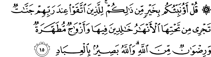 قُلْ أَؤُنَبِّئُكُم بِخَيْرٍ مِّن ذَٰلِكُمْ ۚ لِلَّذِينَ اتَّقَوْا عِندَ رَبِّهِمْ جَنَّاتٌ تَجْرِي مِن تَحْتِهَا الْأَنْهَارُ خَالِدِينَ فِيهَا وَأَزْوَاجٌ مُّطَهَّرَةٌ وَرِضْوَانٌ مِّنَ اللَّهِ ۗ وَاللَّهُ بَصِيرٌ بِالْعِبَادِ
