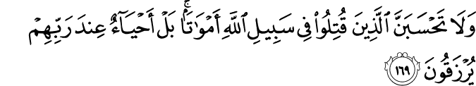 وَلَا تَحْسَبَنَّ الَّذِينَ قُتِلُوا فِي سَبِيلِ اللَّهِ أَمْوَاتًا ۚ بَلْ أَحْيَاءٌ عِندَ رَبِّهِمْ يُرْزَقُونَ