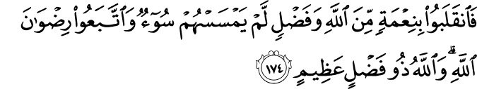فَانقَلَبُوا بِنِعْمَةٍ مِّنَ اللَّهِ وَفَضْلٍ لَّمْ يَمْسَسْهُمْ سُوءٌ وَاتَّبَعُوا رِضْوَانَ اللَّهِ ۗ وَاللَّهُ ذُو فَضْلٍ عَظِيمٍ