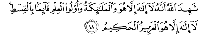 شَهِدَ اللَّهُ أَنَّهُ لَا إِلَـٰهَ إِلَّا هُوَ وَالْمَلَائِكَةُ وَأُولُو الْعِلْمِ قَائِمًا بِالْقِسْطِ ۚ لَا إِلَـٰهَ إِلَّا هُوَ الْعَزِيزُ الْحَكِيمُ