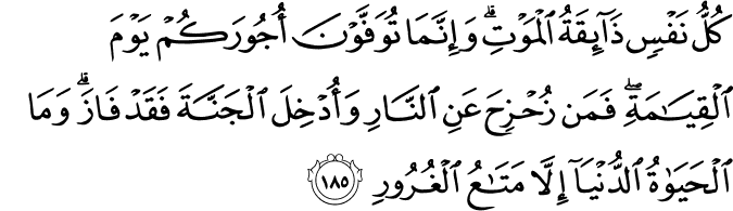 كُلُّ نَفْسٍ ذَائِقَةُ الْمَوْتِ ۗ وَإِنَّمَا تُوَفَّوْنَ أُجُورَكُمْ يَوْمَ الْقِيَامَةِ ۖ فَمَن زُحْزِحَ عَنِ النَّارِ وَأُدْخِلَ الْجَنَّةَ فَقَدْ فَازَ ۗ وَمَا الْحَيَاةُ الدُّنْيَا إِلَّا مَتَاعُ الْغُرُورِ