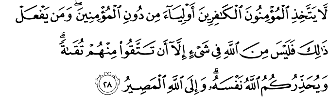 لَّا يَتَّخِذِ الْمُؤْمِنُونَ الْكَافِرِينَ أَوْلِيَاءَ مِن دُونِ الْمُؤْمِنِينَ ۖ وَمَن يَفْعَلْ ذَٰلِكَ فَلَيْسَ مِنَ اللَّهِ فِي شَيْءٍ إِلَّا أَن تَتَّقُوا مِنْهُمْ تُقَاةً ۗ وَيُحَذِّرُكُمُ اللَّهُ نَفْسَهُ ۗ وَإِلَى اللَّهِ الْمَصِيرُ