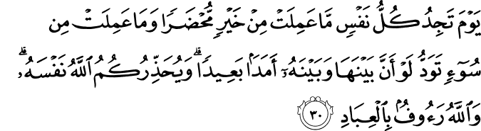 يَوْمَ تَجِدُ كُلُّ نَفْسٍ مَّا عَمِلَتْ مِنْ خَيْرٍ مُّحْضَرًا وَمَا عَمِلَتْ مِن سُوءٍ تَوَدُّ لَوْ أَنَّ بَيْنَهَا وَبَيْنَهُ أَمَدًا بَعِيدًا ۗ وَيُحَذِّرُكُمُ اللَّهُ نَفْسَهُ ۗ وَاللَّهُ رَءُوفٌ بِالْعِبَادِ