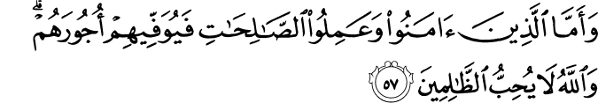وَأَمَّا الَّذِينَ آمَنُوا وَعَمِلُوا الصَّالِحَاتِ فَيُوَفِّيهِمْ أُجُورَهُمْ ۗ وَاللَّهُ لَا يُحِبُّ الظَّالِمِينَ