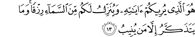 هُوَ الَّذِي يُرِيكُمْ آيَاتِهِ وَيُنَزِّلُ لَكُم مِّنَ السَّمَاءِ رِزْقًا ۚ وَمَا يَتَذَكَّرُ إِلَّا مَن يُنِيبُ