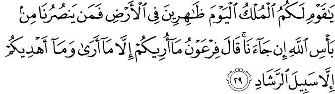يَا قَوْمِ لَكُمُ الْمُلْكُ الْيَوْمَ ظَاهِرِينَ فِي الْأَرْضِ فَمَن يَنصُرُنَا مِن بَأْسِ اللَّهِ إِن جَاءَنَا ۚ قَالَ فِرْعَوْنُ مَا أُرِيكُمْ إِلَّا مَا أَرَىٰ وَمَا أَهْدِيكُمْ إِلَّا سَبِيلَ الرَّشَادِ