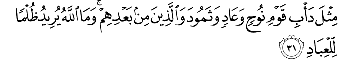 مِثْلَ دَأْبِ قَوْمِ نُوحٍ وَعَادٍ وَثَمُودَ وَالَّذِينَ مِن بَعْدِهِمْ ۚ وَمَا اللَّهُ يُرِيدُ ظُلْمًا لِّلْعِبَادِ
