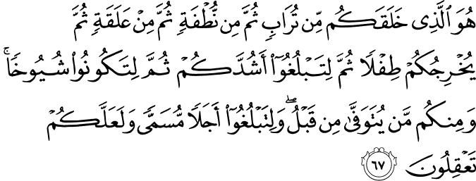 هُوَ الَّذِي خَلَقَكُم مِّن تُرَابٍ ثُمَّ مِن نُّطْفَةٍ ثُمَّ مِنْ عَلَقَةٍ ثُمَّ يُخْرِجُكُمْ طِفْلًا ثُمَّ لِتَبْلُغُوا أَشُدَّكُمْ ثُمَّ لِتَكُونُوا شُيُوخًا ۚ وَمِنكُم مَّن يُتَوَفَّىٰ مِن قَبْلُ ۖ وَلِتَبْلُغُوا أَجَلًا مُّسَمًّى وَلَعَلَّكُمْ تَعْقِلُونَ