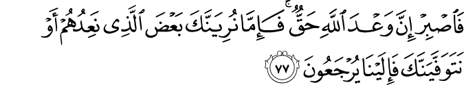 فَاصْبِرْ إِنَّ وَعْدَ اللَّهِ حَقٌّ ۚ فَإِمَّا نُرِيَنَّكَ بَعْضَ الَّذِي نَعِدُهُمْ أَوْ نَتَوَفَّيَنَّكَ فَإِلَيْنَا يُرْجَعُونَ