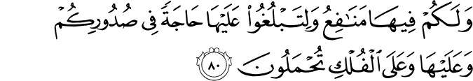 وَلَكُمْ فِيهَا مَنَافِعُ وَلِتَبْلُغُوا عَلَيْهَا حَاجَةً فِي صُدُورِكُمْ وَعَلَيْهَا وَعَلَى الْفُلْكِ تُحْمَلُونَ