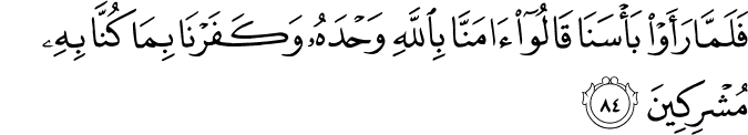 فَلَمَّا رَأَوْا بَأْسَنَا قَالُوا آمَنَّا بِاللَّهِ وَحْدَهُ وَكَفَرْنَا بِمَا كُنَّا بِهِ مُشْرِكِينَ
