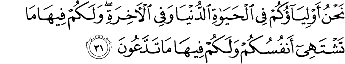 نَحْنُ أَوْلِيَاؤُكُمْ فِي الْحَيَاةِ الدُّنْيَا وَفِي الْآخِرَةِ ۖ وَلَكُمْ فِيهَا مَا تَشْتَهِي أَنفُسُكُمْ وَلَكُمْ فِيهَا مَا تَدَّعُونَ