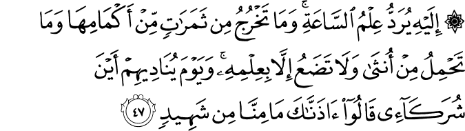 إِلَيْهِ يُرَدُّ عِلْمُ السَّاعَةِ ۚ وَمَا تَخْرُجُ مِن ثَمَرَاتٍ مِّنْ أَكْمَامِهَا وَمَا تَحْمِلُ مِنْ أُنثَىٰ وَلَا تَضَعُ إِلَّا بِعِلْمِهِ ۚ وَيَوْمَ يُنَادِيهِمْ أَيْنَ شُرَكَائِي قَالُوا آذَنَّاكَ مَا مِنَّا مِن شَهِيدٍ