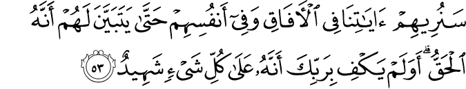 سَنُرِيهِمْ آيَاتِنَا فِي الْآفَاقِ وَفِي أَنفُسِهِمْ حَتَّىٰ يَتَبَيَّنَ لَهُمْ أَنَّهُ الْحَقُّ ۗ أَوَلَمْ يَكْفِ بِرَبِّكَ أَنَّهُ عَلَىٰ كُلِّ شَيْءٍ شَهِيدٌ