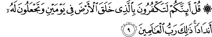 قُلْ أَئِنَّكُمْ لَتَكْفُرُونَ بِالَّذِي خَلَقَ الْأَرْضَ فِي يَوْمَيْنِ وَتَجْعَلُونَ لَهُ أَندَادًا ۚ ذَٰلِكَ رَبُّ الْعَالَمِينَ