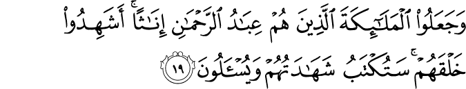 وَجَعَلُوا الْمَلَائِكَةَ الَّذِينَ هُمْ عِبَادُ الرَّحْمَـٰنِ إِنَاثًا ۚ أَشَهِدُوا خَلْقَهُمْ ۚ سَتُكْتَبُ شَهَادَتُهُمْ وَيُسْأَلُونَ