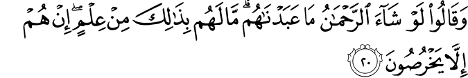 وَقَالُوا لَوْ شَاءَ الرَّحْمَـٰنُ مَا عَبَدْنَاهُم ۗ مَّا لَهُم بِذَٰلِكَ مِنْ عِلْمٍ ۖ إِنْ هُمْ إِلَّا يَخْرُصُونَ