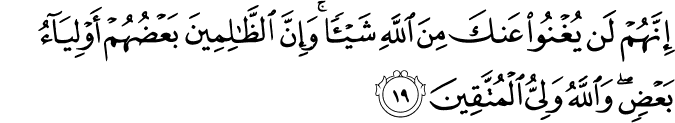 إِنَّهُمْ لَن يُغْنُوا عَنكَ مِنَ اللَّهِ شَيْئًا ۚ وَإِنَّ الظَّالِمِينَ بَعْضُهُمْ أَوْلِيَاءُ بَعْضٍ ۖ وَاللَّهُ وَلِيُّ الْمُتَّقِينَ إِنَّهُمْ لَن يُغْنُوا عَنكَ مِنَ اللَّهِ شَيْئًا ۚ وَإِنَّ الظَّالِمِينَ بَعْضُهُمْ أَوْلِيَاءُ بَعْضٍ ۖ وَاللَّهُ وَلِيُّ الْمُتَّقِينَ