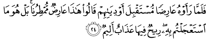 فَلَمَّا رَأَوْهُ عَارِضًا مُّسْتَقْبِلَ أَوْدِيَتِهِمْ قَالُوا هَـٰذَا عَارِضٌ مُّمْطِرُنَا ۚ بَلْ هُوَ مَا اسْتَعْجَلْتُم بِهِ ۖ رِيحٌ فِيهَا عَذَابٌ أَلِيمٌ فَلَمَّا رَأَوْهُ عَارِضًا مُّسْتَقْبِلَ أَوْدِيَتِهِمْ قَالُوا هَـٰذَا عَارِضٌ مُّمْطِرُنَا ۚ بَلْ هُوَ مَا اسْتَعْجَلْتُم بِهِ ۖ رِيحٌ فِيهَا عَذَابٌ أَلِيمٌ