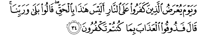 وَيَوْمَ يُعْرَضُ الَّذِينَ كَفَرُوا عَلَى النَّارِ أَلَيْسَ هَـٰذَا بِالْحَقِّ ۖ قَالُوا بَلَىٰ وَرَبِّنَا ۚ قَالَ فَذُوقُوا الْعَذَابَ بِمَا كُنتُمْ تَكْفُرُونَ وَيَوْمَ يُعْرَضُ الَّذِينَ كَفَرُوا عَلَى النَّارِ أَلَيْسَ هَـٰذَا بِالْحَقِّ ۖ قَالُوا بَلَىٰ وَرَبِّنَا ۚ قَالَ فَذُوقُوا الْعَذَابَ بِمَا كُنتُمْ تَكْفُرُونَ